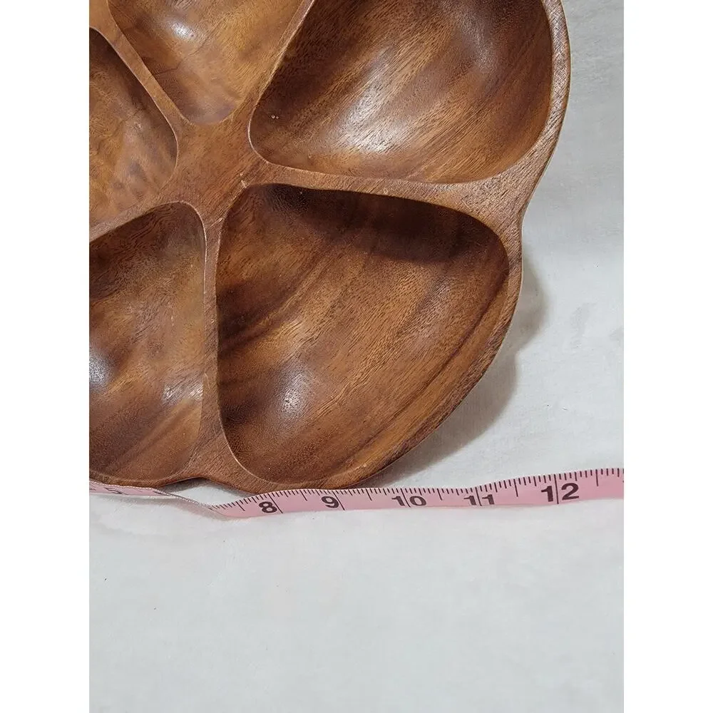 Vintage Monkey Pod Wood Lazy Susan Turntable Flower Shape Pedestal Divided Dish